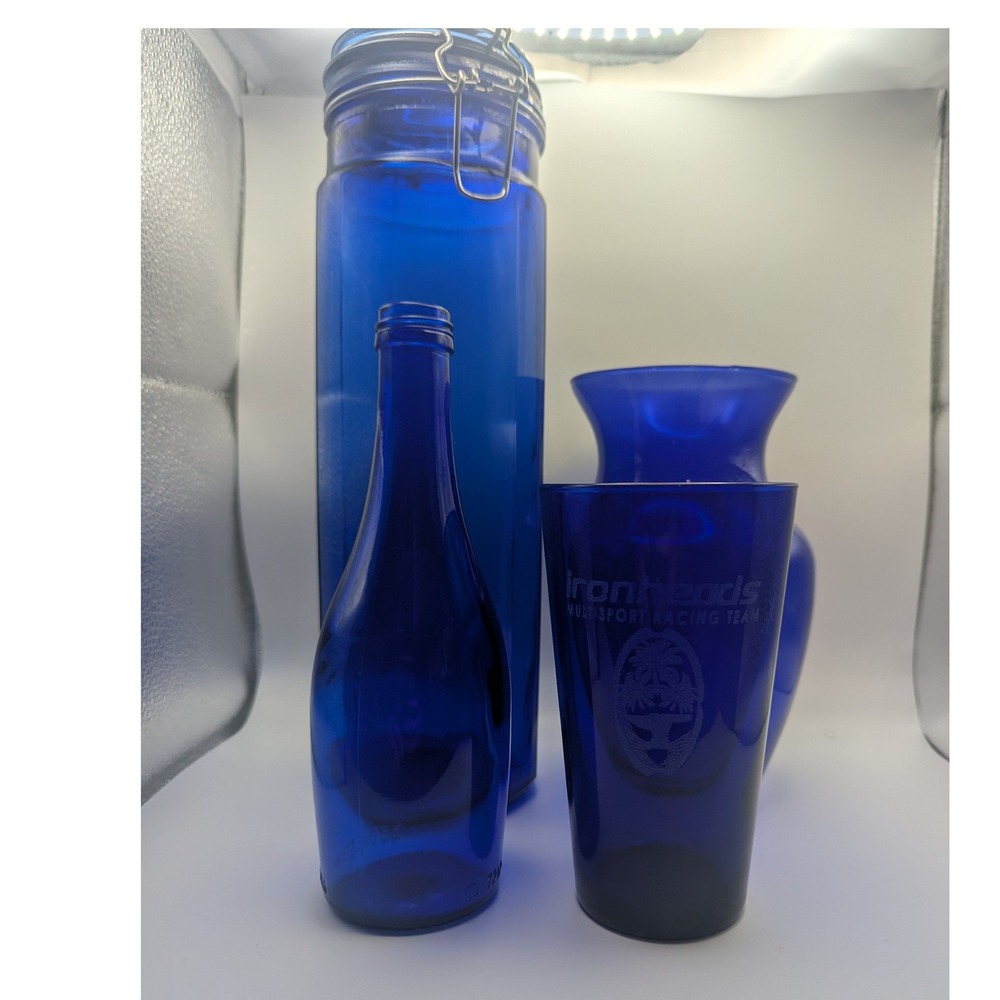 Lot of 4 Colbalt Blue Glass Pasta Canister Vase Ironheads Beer Glass Bottle READ